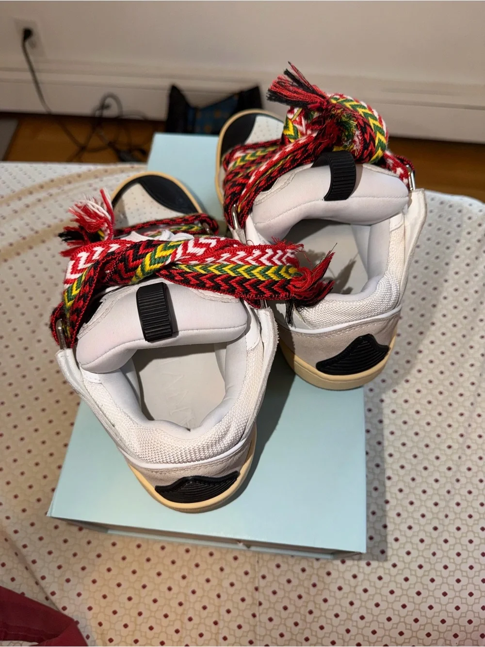 Lanvin White Sneakers with Black Toe and Multicolor Rope Laces